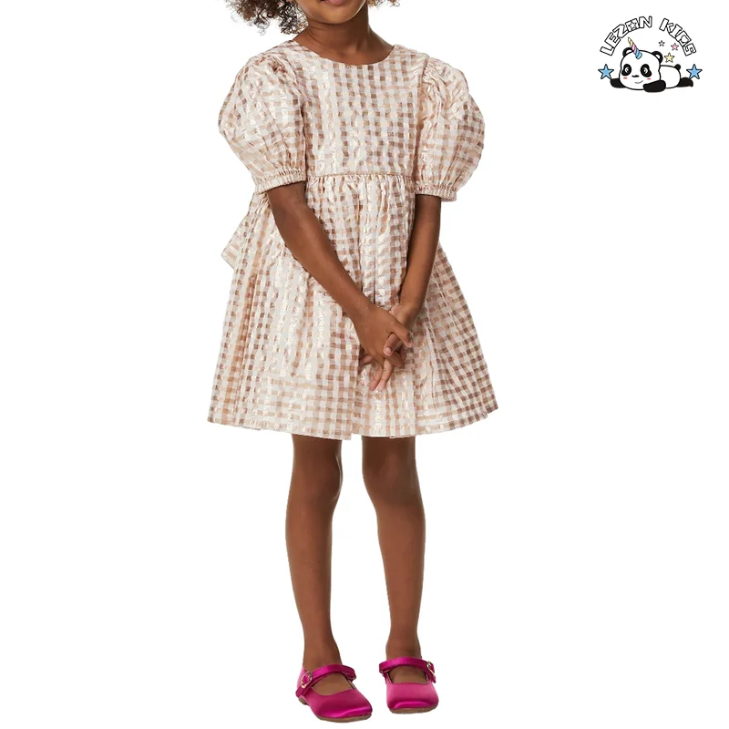 LEZONKIDS - Puff Sleeves Plaid Girls Dress Children's Clothing Round Neck Cotton Girls Summer Dress